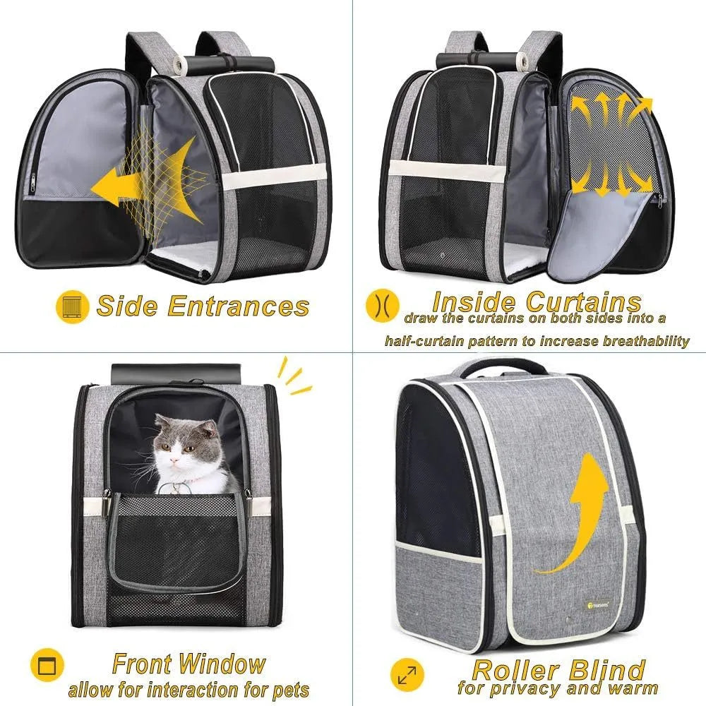 Grey or pink PVC mesh pet carrier backpack for cats and small dogs, 42cm x 31cm x 5cm, with chest buckles and removable mat
