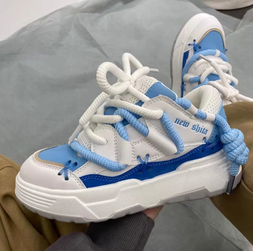 Women's grey retro clunky sneakers with thick sole and 6-8cm heel height on white background