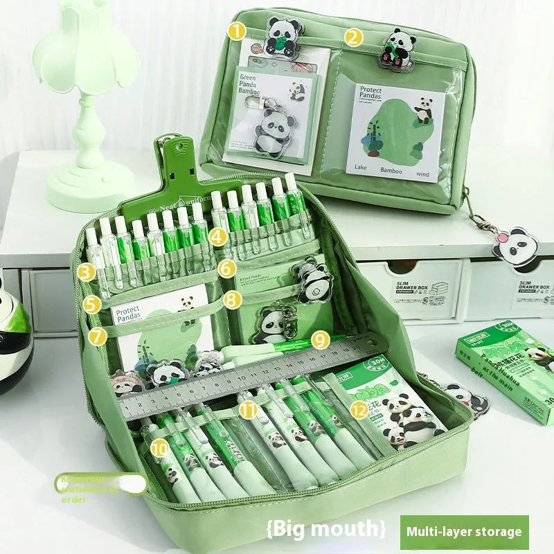 Green canvas 12 layer panda pencil case with Korean style design, open to show multiple compartments.