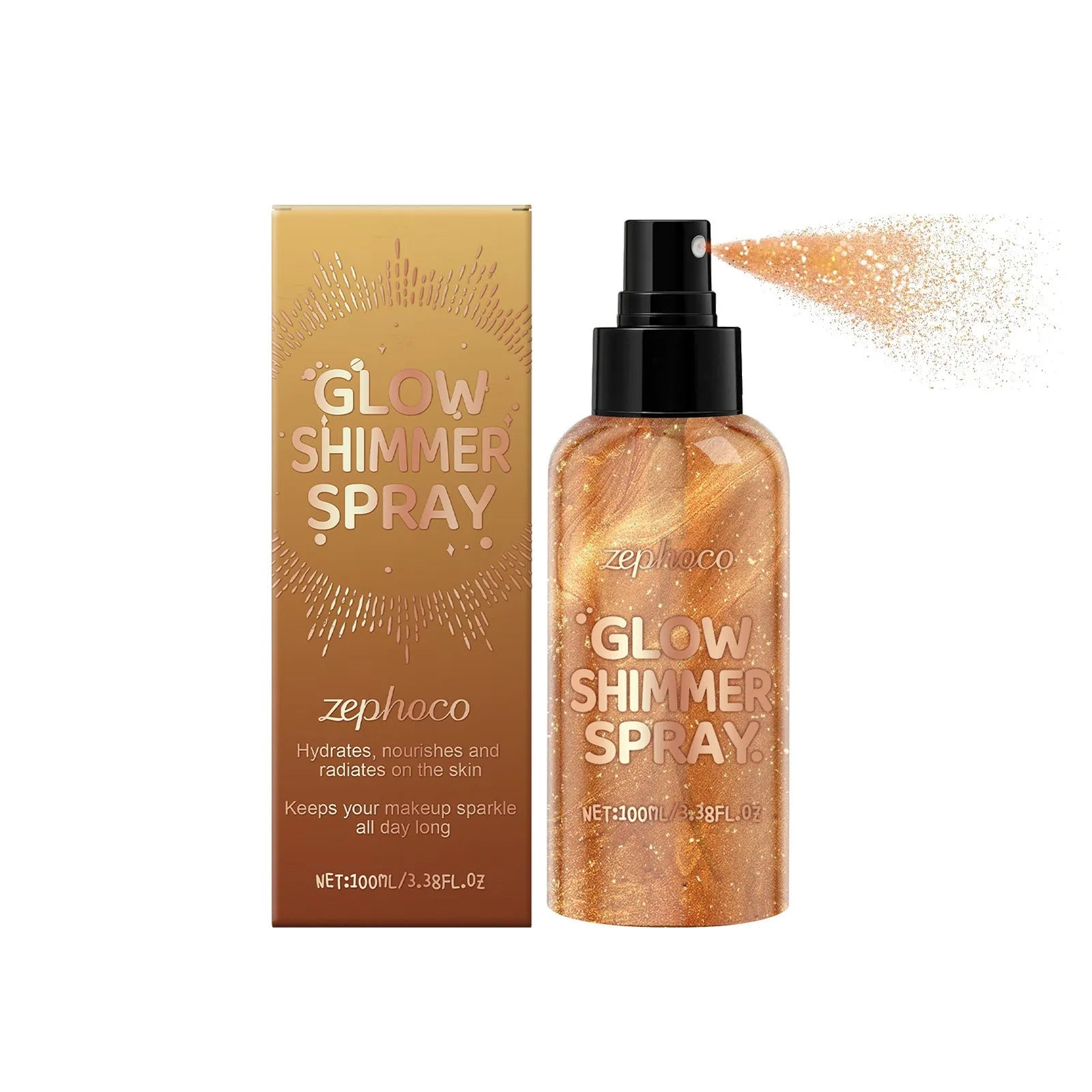 100ml shiny body spray bottle with water-based formula containing mica particles for skin highlighting