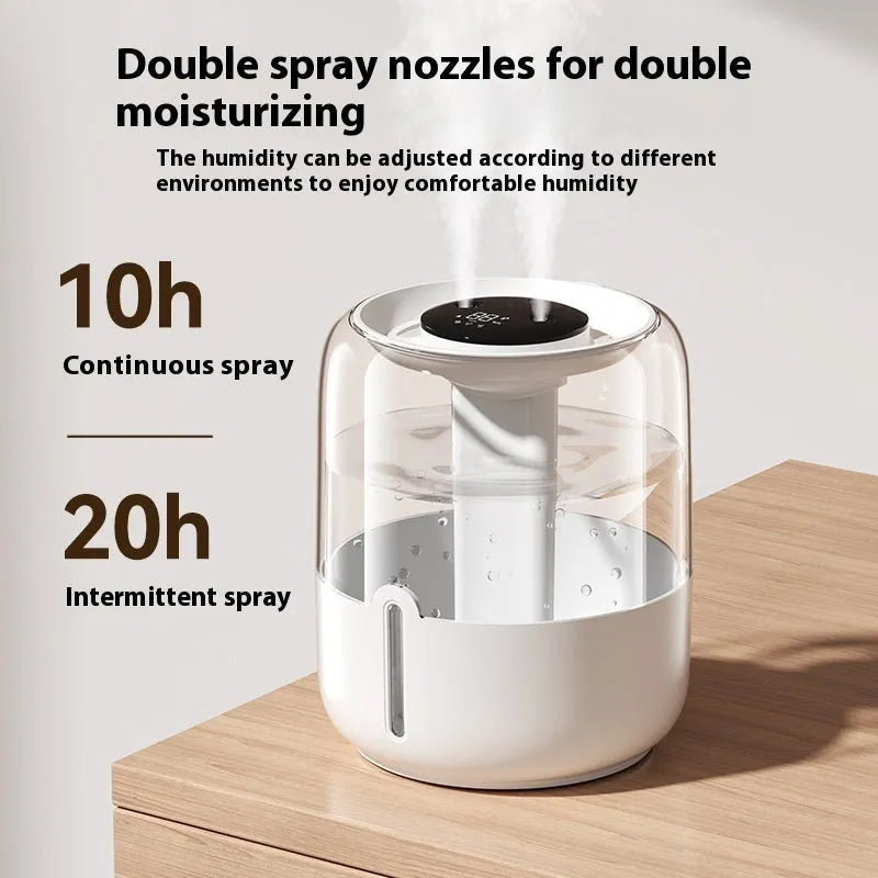 Beige round USB-powered humidifier with dual spray nozzles, display, and night light on a surface.
