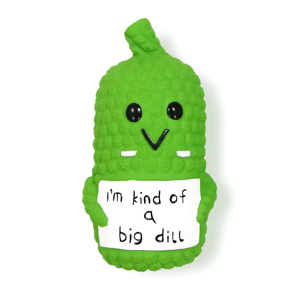 Green pickle-shaped latex squeaky dog toy with textured nubs on a white background.