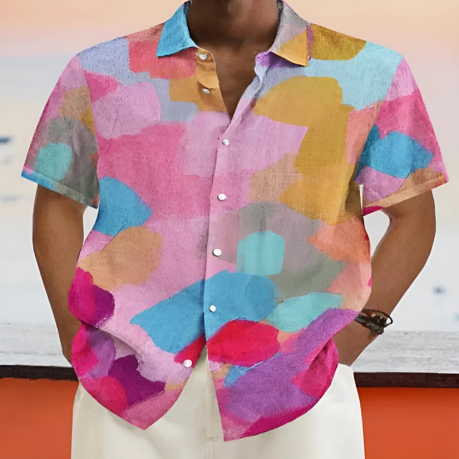 Hawaiian style stand collar short sleeve cardigan with 3D printing detail in polyester fabric