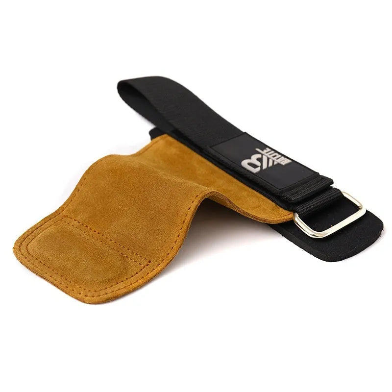A pair of brown neoprene grip strength bands or wrist protectors for fitness training.