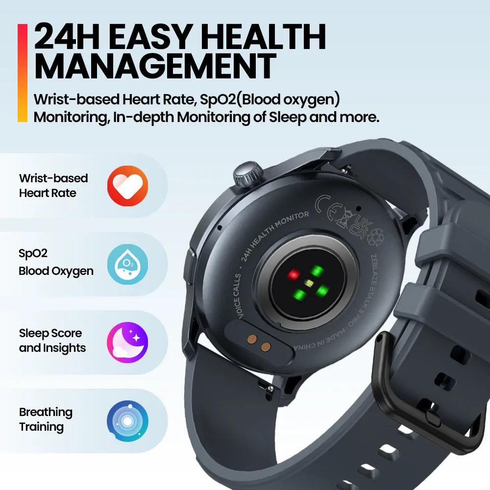 Btalk 3 Pro smart watch in blue colour showing AMOLED display with health tracking interface