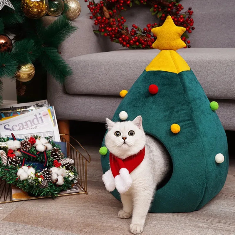 Christmas tree-shaped plush pet cave bed for cats and dogs with detachable cover