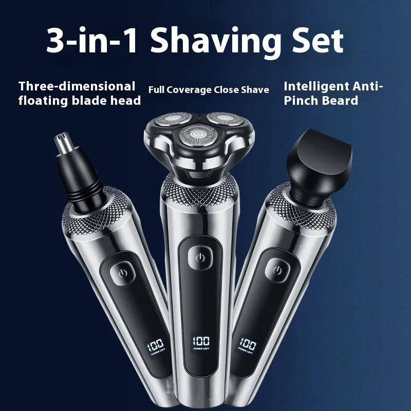USB rechargeable beard trimmer with digital display on a five-in-one charging base bracket.
