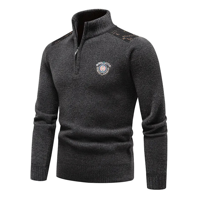 Men's stand collar velvet sweater in beige, dark grey, black, or navy blue.