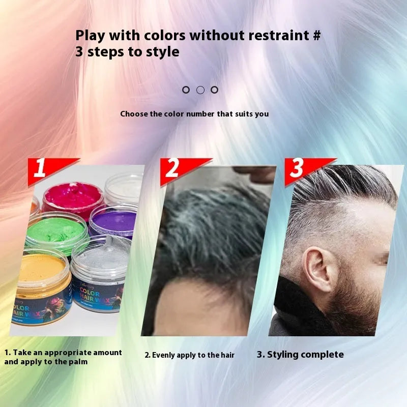 A 120g pot of hair styling clay in one of nine colours, including blue, green, purple, and red.