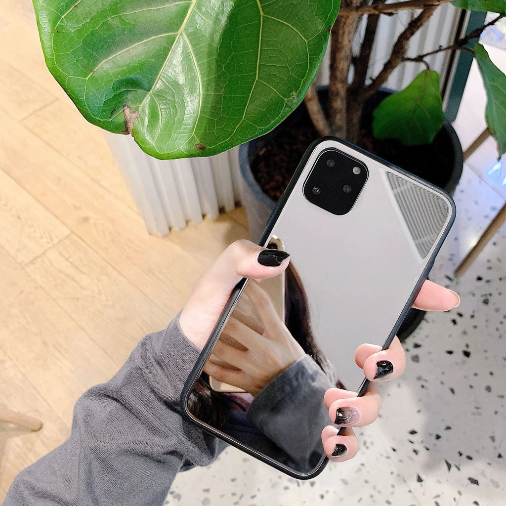 Glass mirror phone case for iPhone 14 Pro Max with reflective cosmetic mirror back cover and retro style design