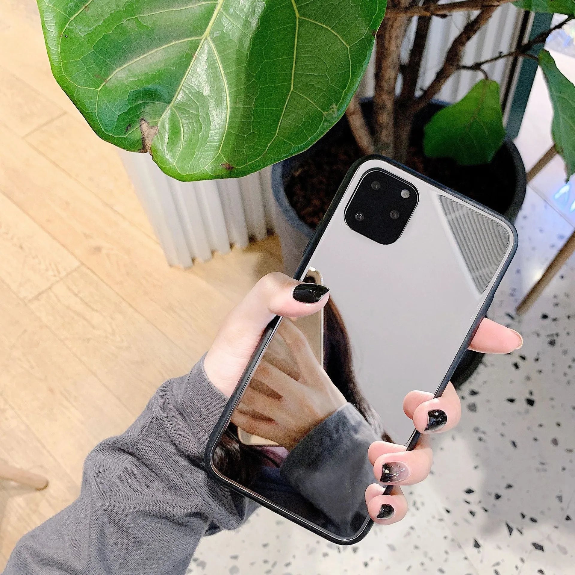 Glass mirror phone case for iPhone 14 Pro Max with reflective cosmetic mirror back cover and retro style design
