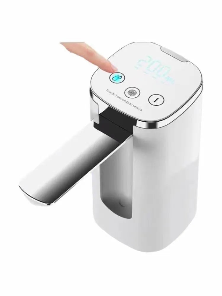 Black and white portable bucket table water pump with LCD touch screen in folded position.