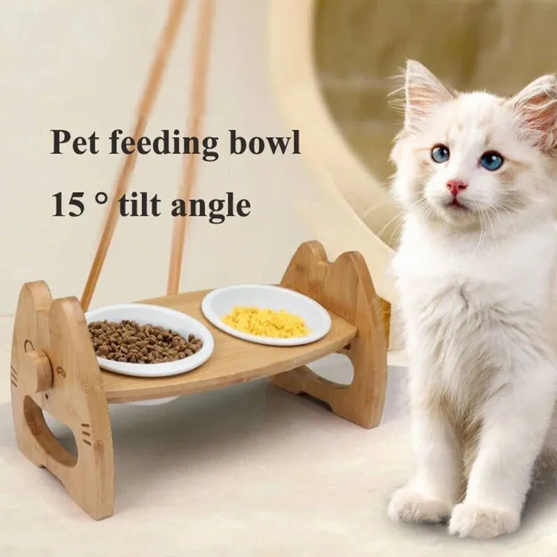 Height-adjustable ceramic double pet bowl with bamboo stand, separate bowls, non-slip base, original wood colour