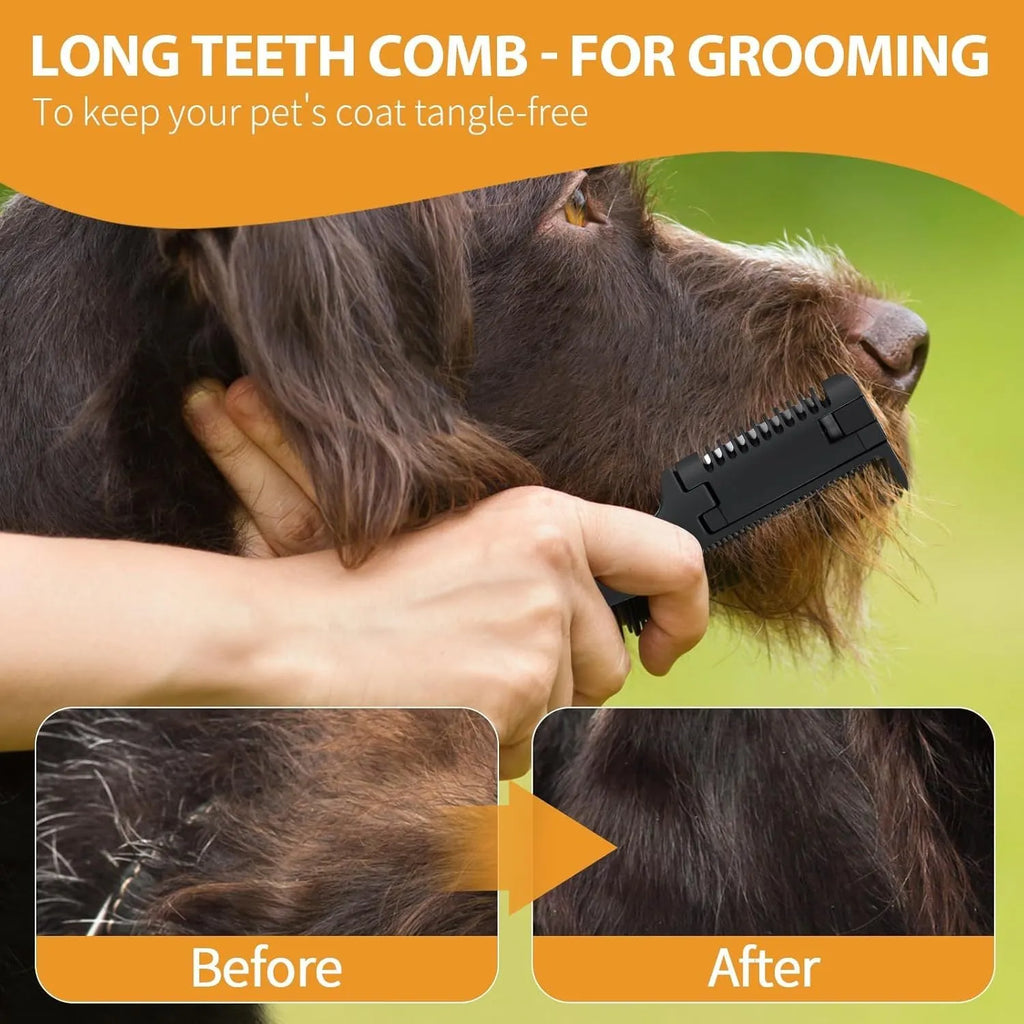 Razor comb for dogs and cats showing comb teeth and integrated trimming blade with packet of replacement blades.