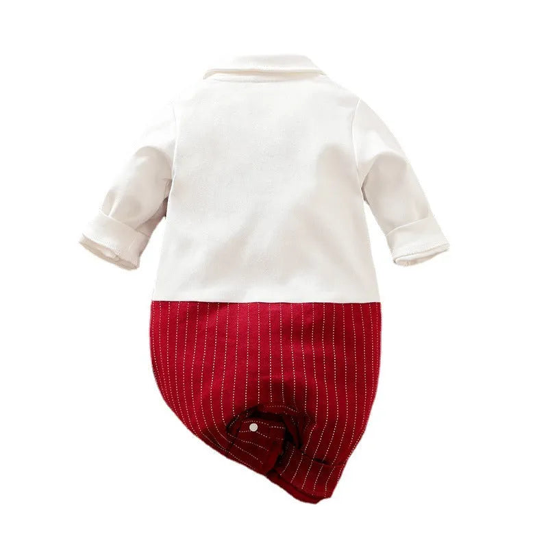 Wine red long sleeve cotton romper suit for a baby boy, shown in a gentleman style.