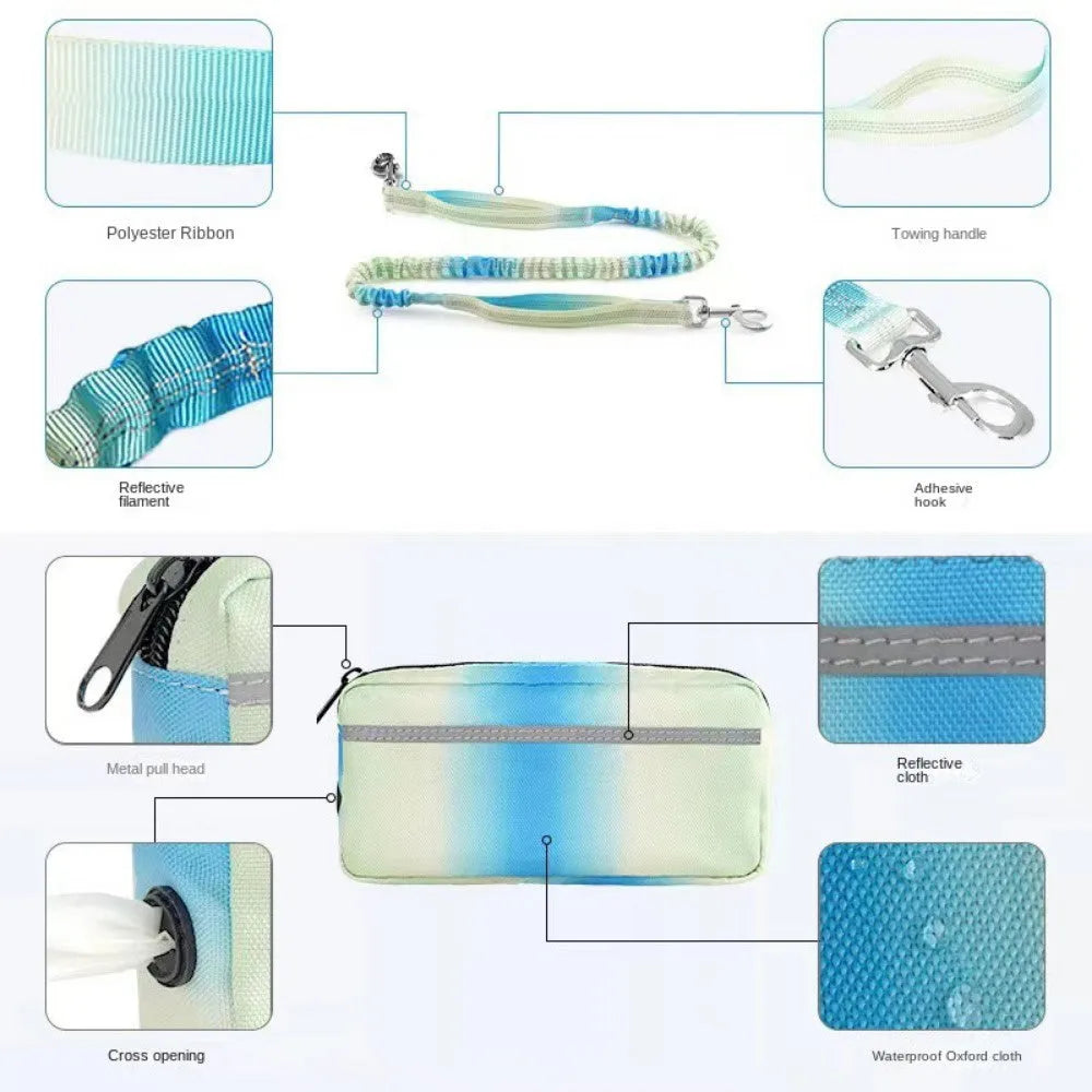 Blue adjustable hands-free dog leash with waist belt and reflective strips for walking and running