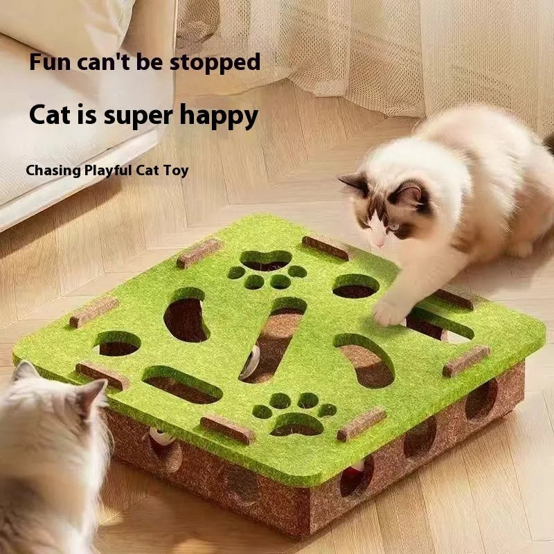 Green brown felt box cat toy with holes for interactive puzzle play.