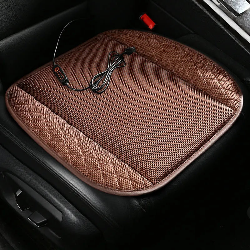 USB car ventilated seat cushion with multiple fan configurations on fabric seat