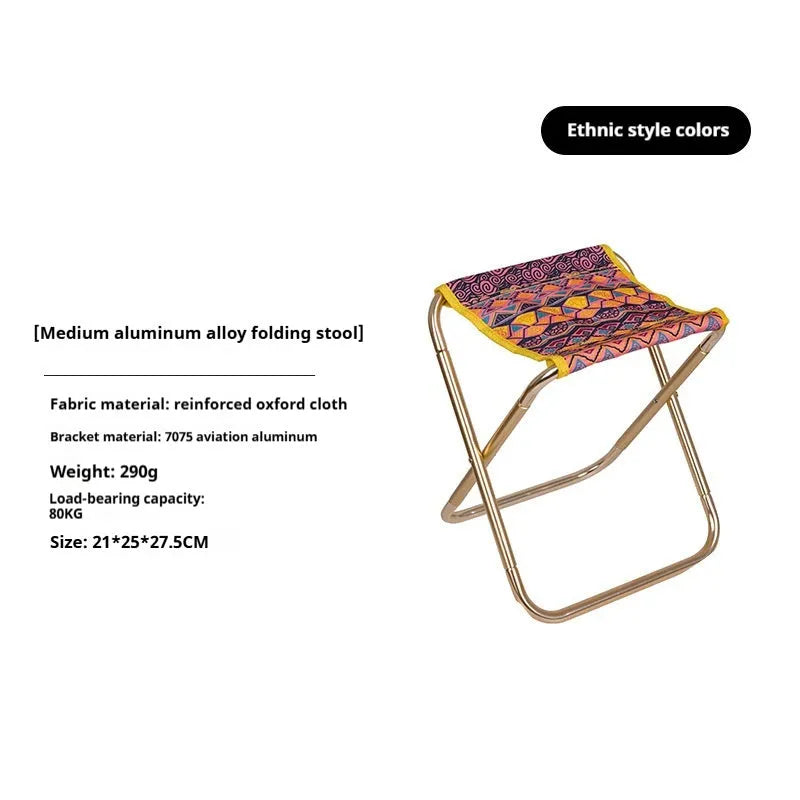 Black national style aluminium alloy folding camp stool shown in open and folded positions.