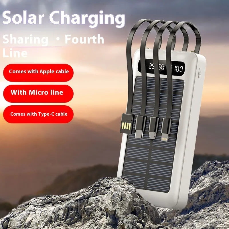 Solar power bank with cables in black, white, or green colours showing 30000 mAh capacity and solar panel