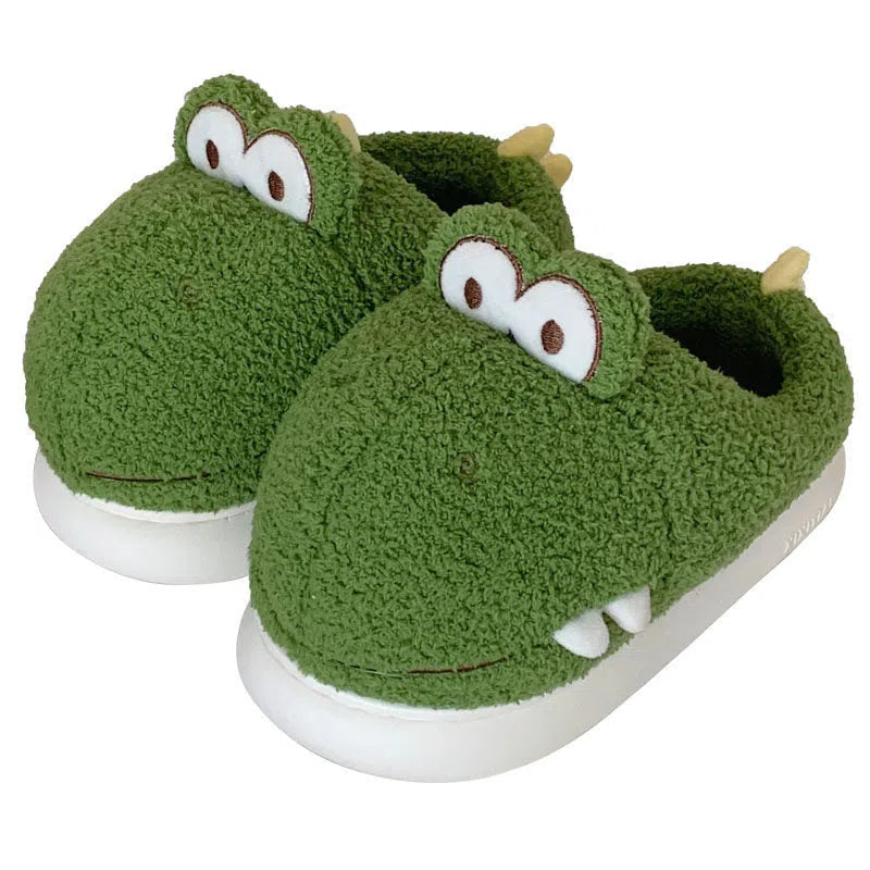 Warm fuzzy dinosaur design slippers for kids in green suede with EVA sole, indoor wear
