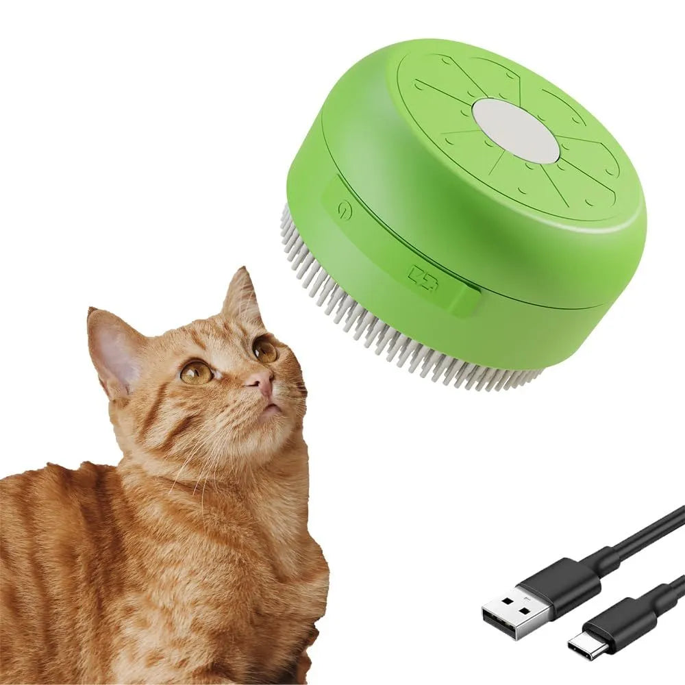Green rechargeable cat steam brush with silicone bristles on a table.