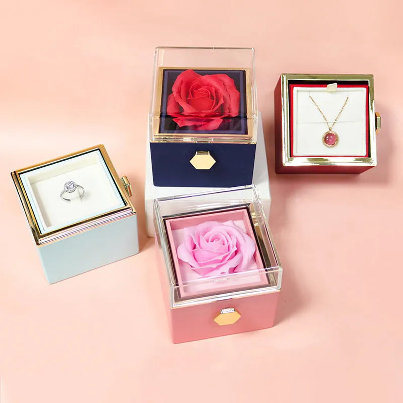 Rotating soap flower rose gift box with transparent acrylic cover showing preserved rose and jewellery drawer