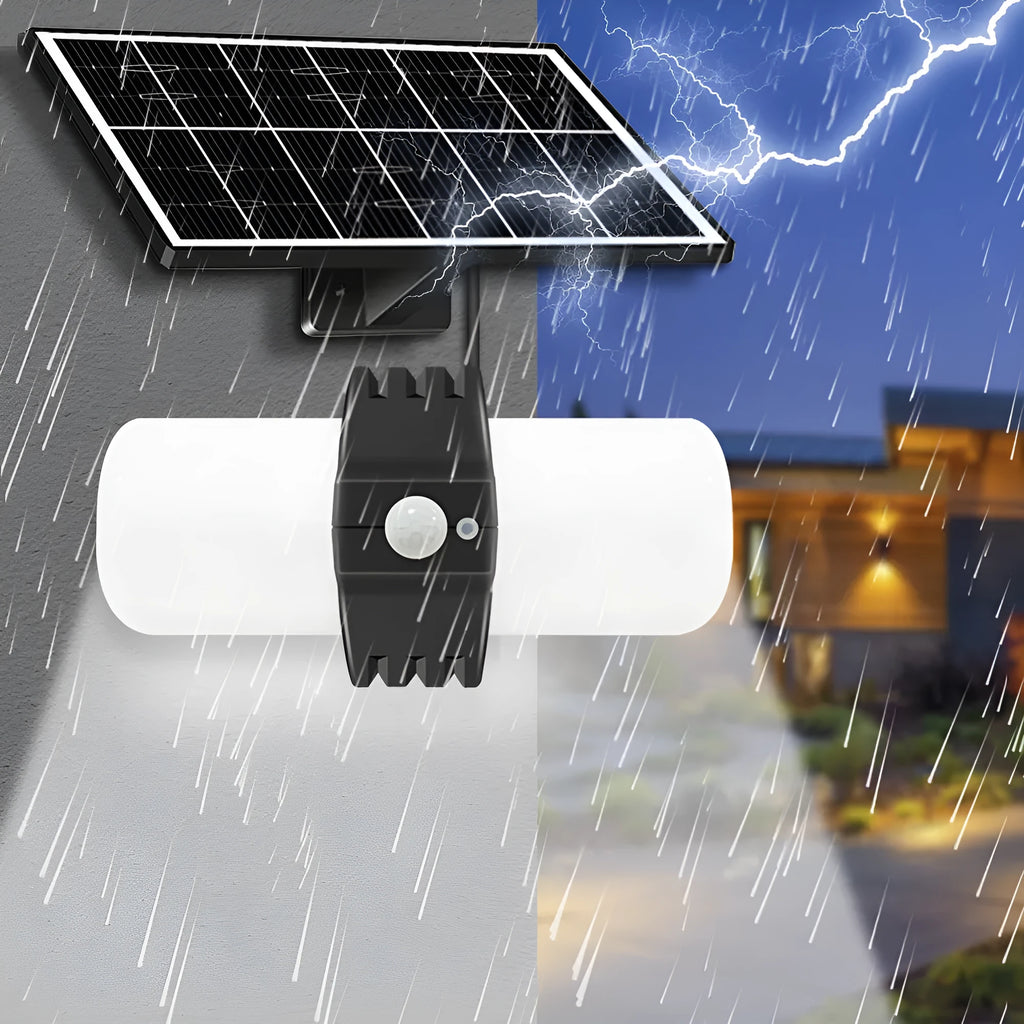 Black outdoor solar sensor floodlight with an abstraction design, shown with mounting bracket.