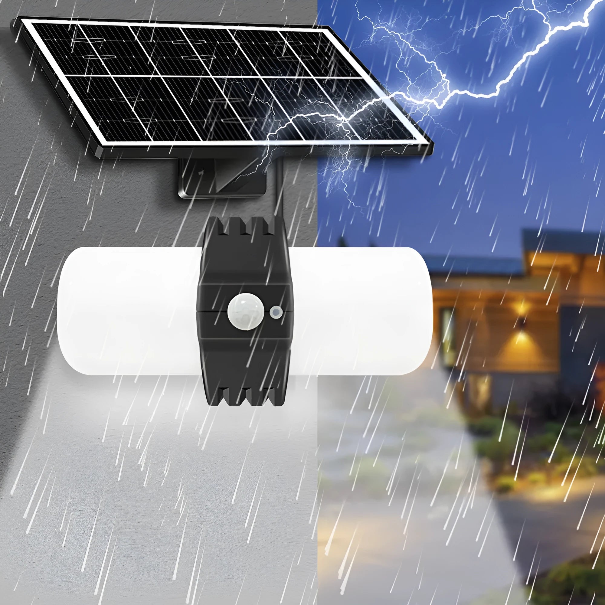 Black outdoor solar sensor floodlight with an abstraction design, shown with mounting bracket.