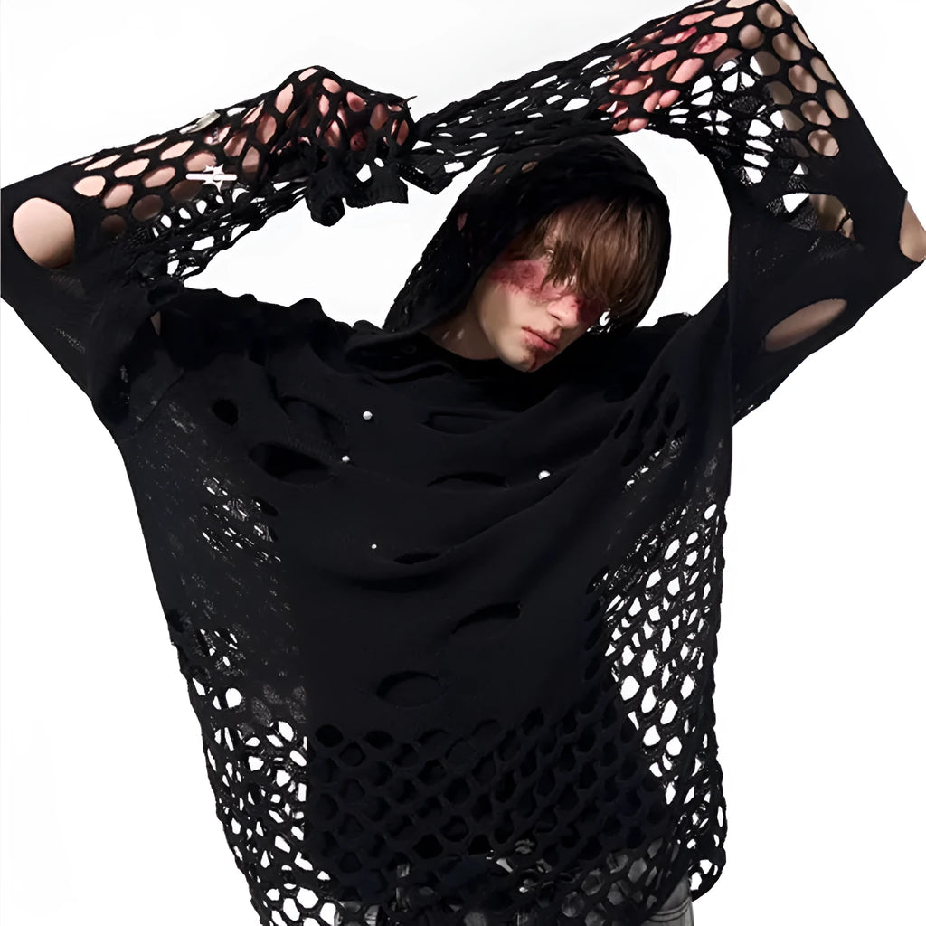 Black men's hooded sweater with pearl decoration, loose fit pullover design