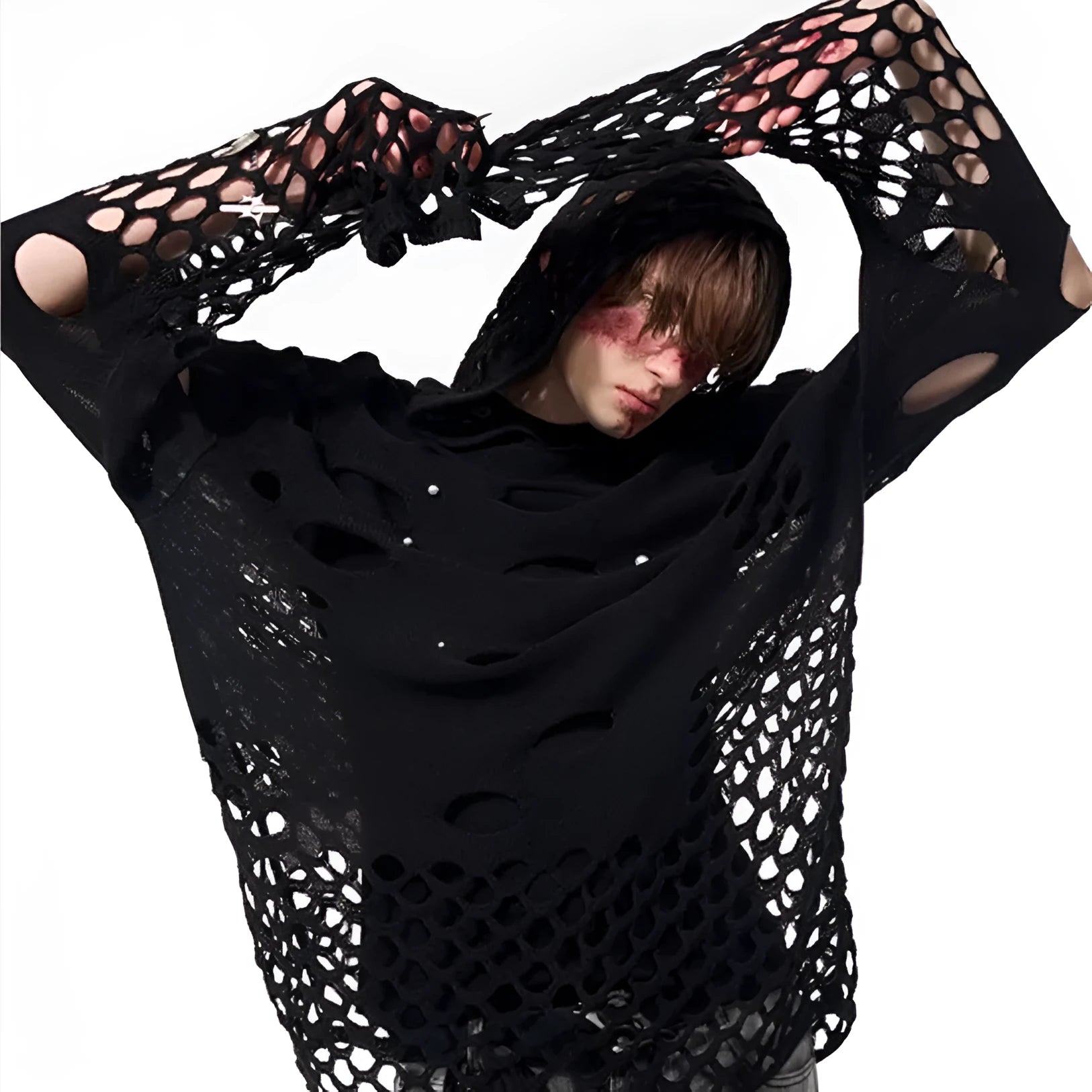Black men's hooded sweater with pearl decoration, loose fit pullover design
