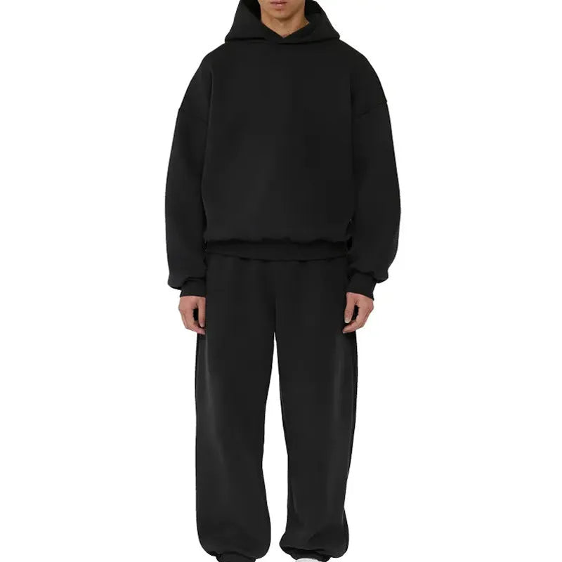 Men's fleece-lined cotton pullover hoodie sweater with wool lining in solid colour options