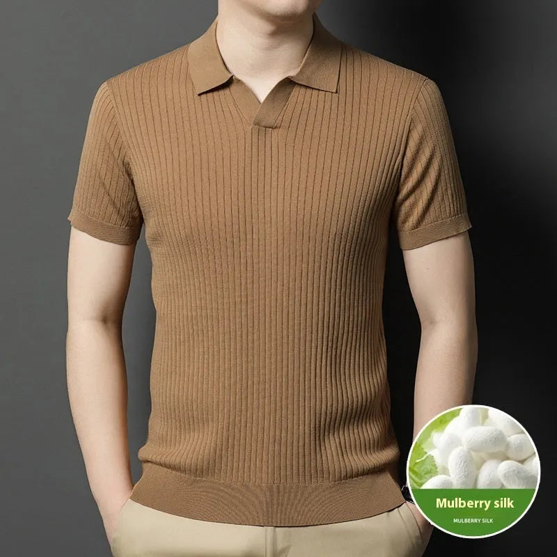 Men's striped Mulberry Silk T-shirt with a lapel collar in a selection of colours.