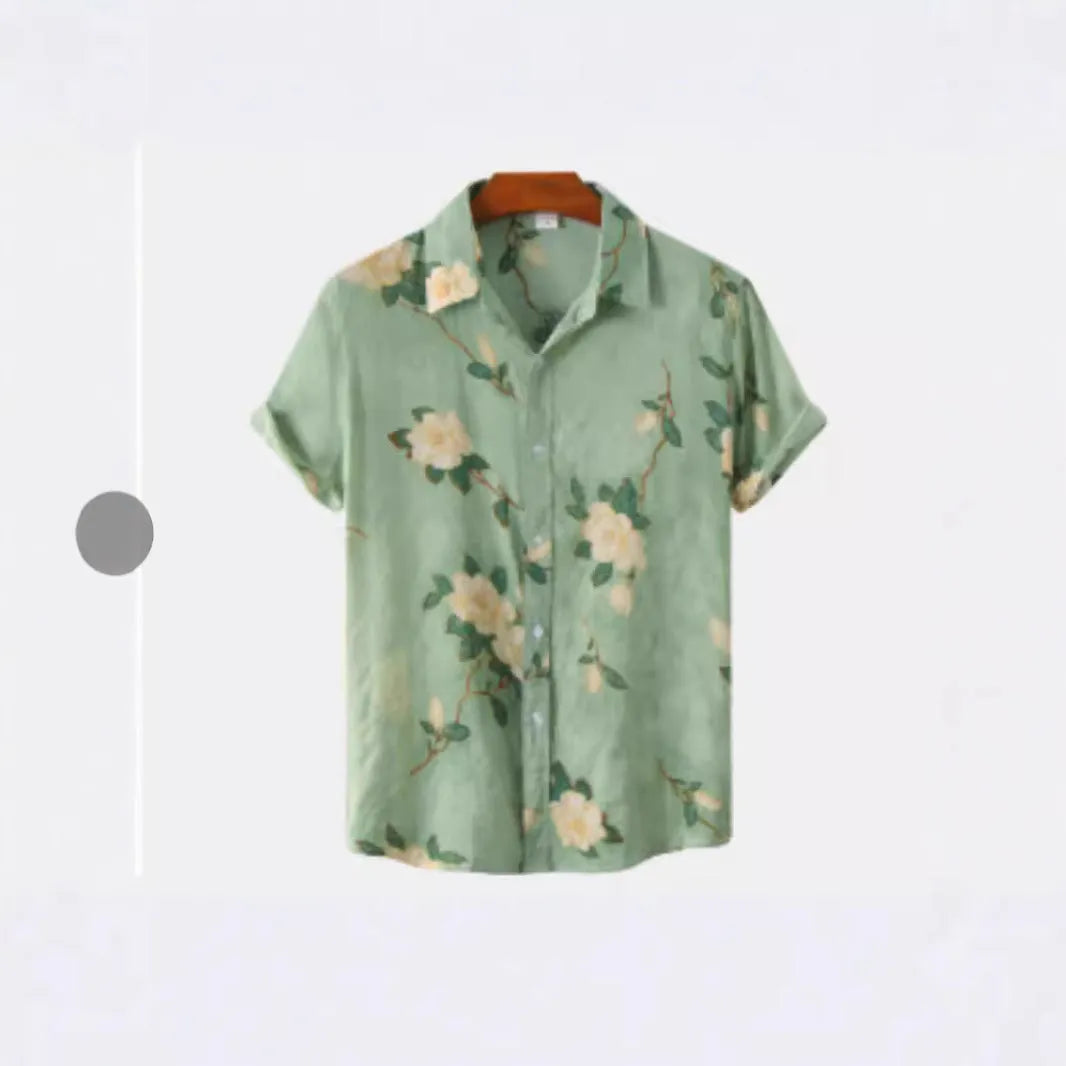 Man wearing a short sleeve Hawaiian print shirt with lapel collar in a floral pattern.
