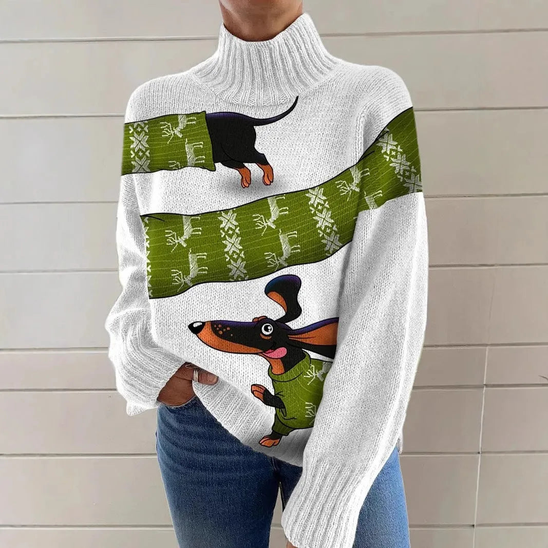 Women's loose-fit Christmas printed turtleneck sweater in a soft macaron colour.