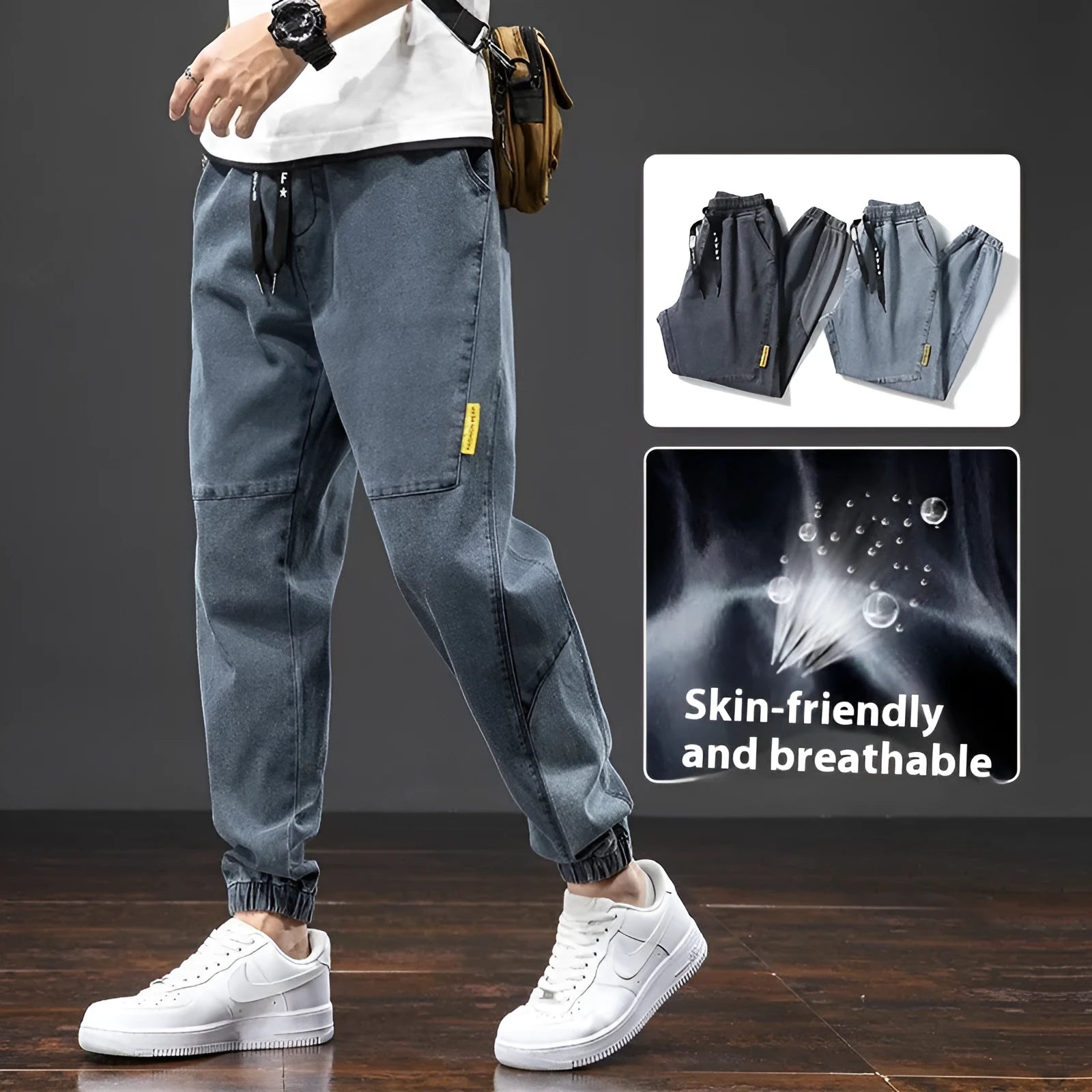 Men's Korean-style cargo jeans with straight leg and micro-elastic cotton fabric