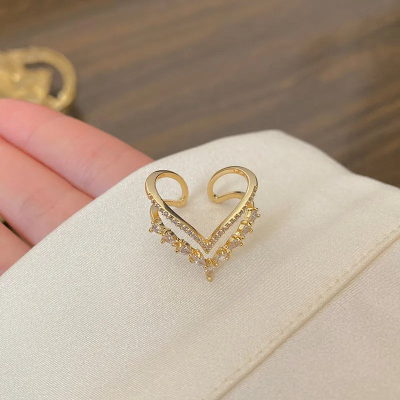 Heart-shaped full diamond ring with adjustable opening double-layer light luxury gold copper finish