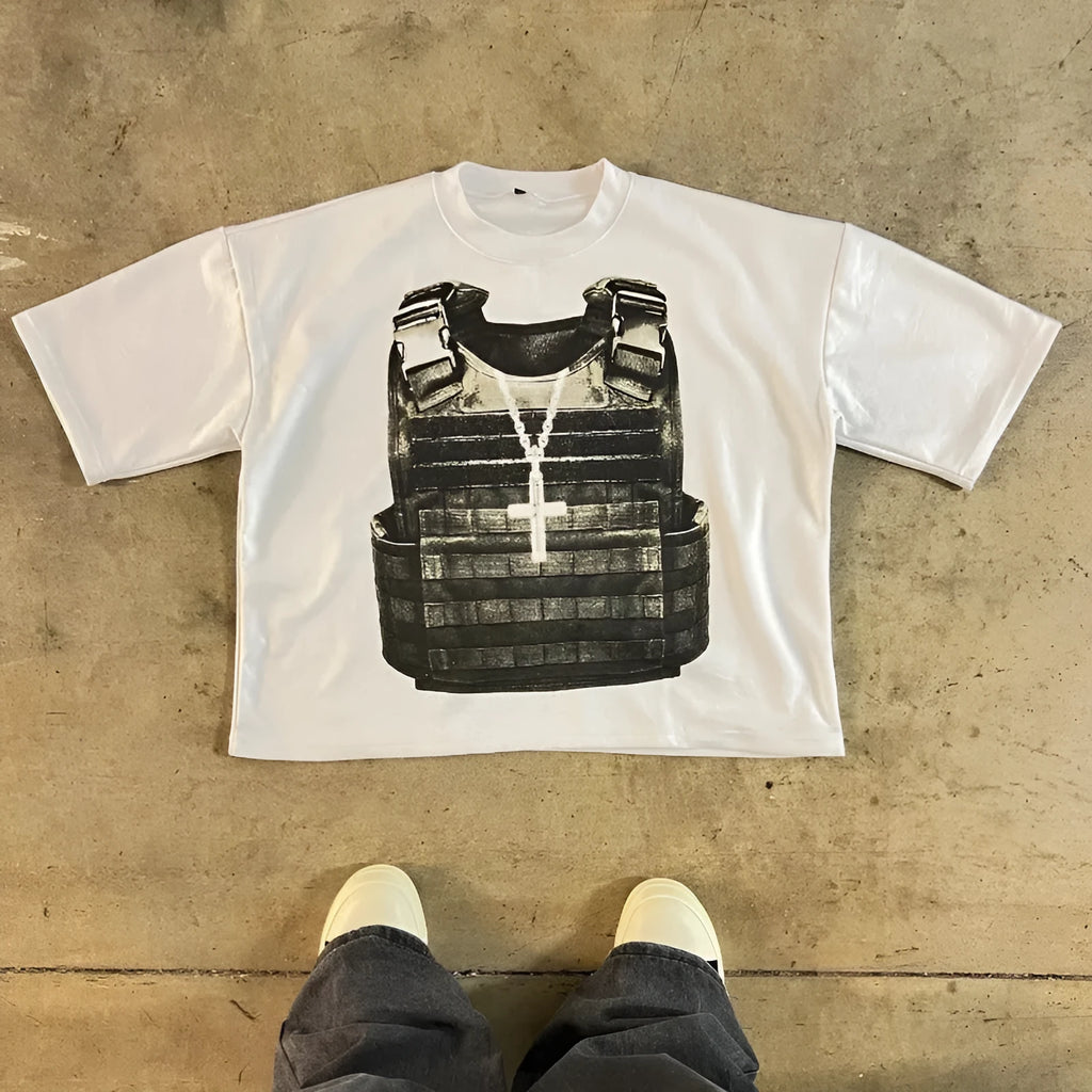 Printed cotton short sleeve retro street style t-shirt with drop shoulder design in contrast colours.