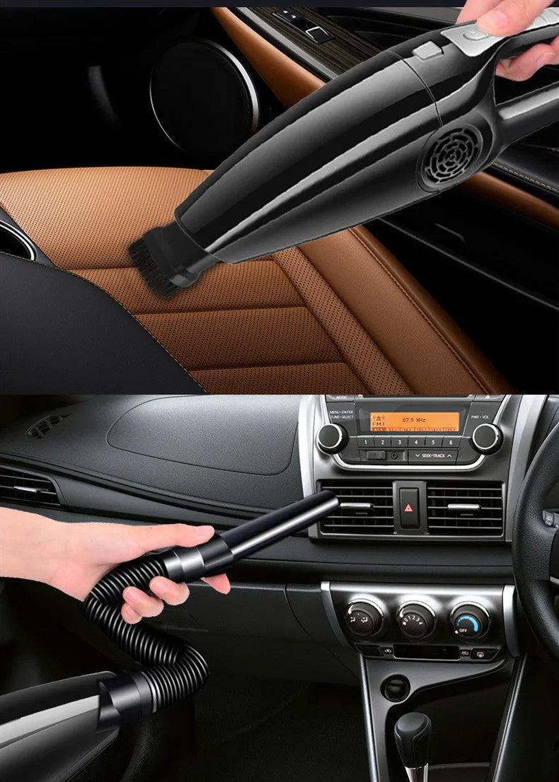 Black handheld car vacuum cleaner with nozzle, powered by a 12V cigarette lighter plug.
