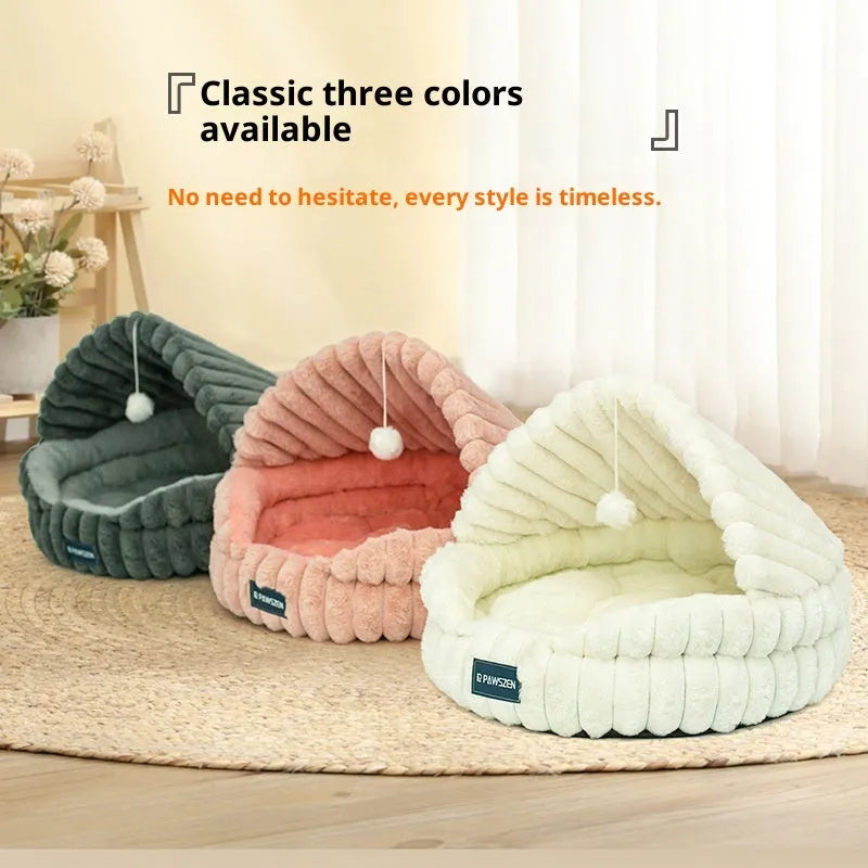 Large round cloth cat nest bed in pink with shell design, 50cm diameter