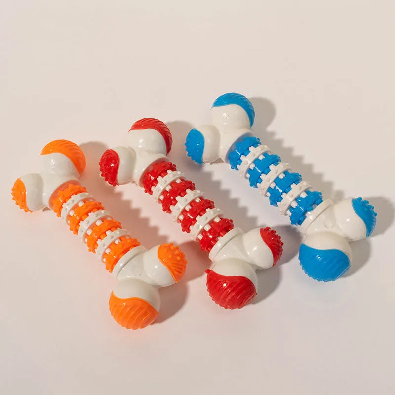 Blue bone-shaped interactive dog toy for small breeds with chewable ends and treat compartment
