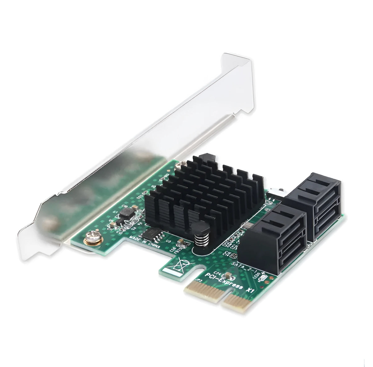 PCIE to SATA3.0 extension card with four SATA3.0 ports, PCIe x1 interface, green, 120mm baffle