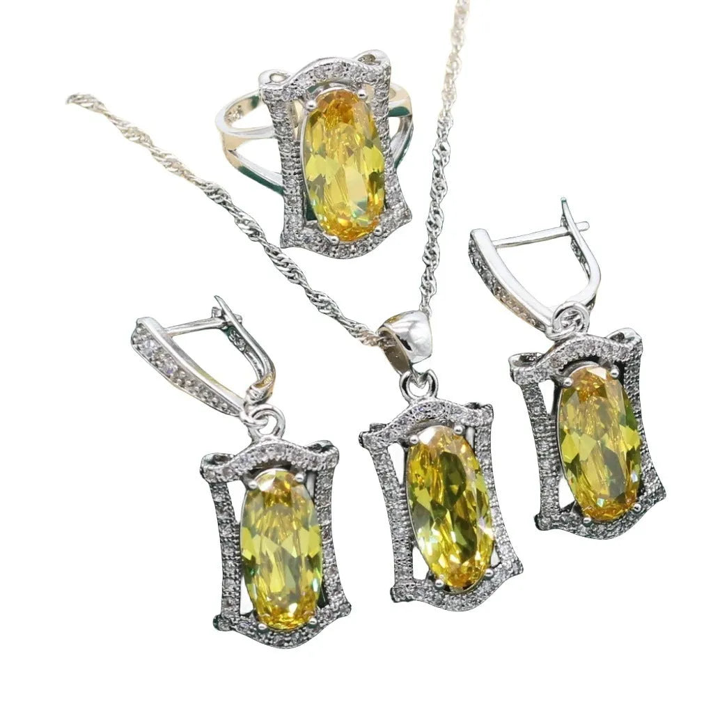 Women's anti-allergy zircon jewellery set with alloy necklace, earrings, ring, and bracelet in olive colour