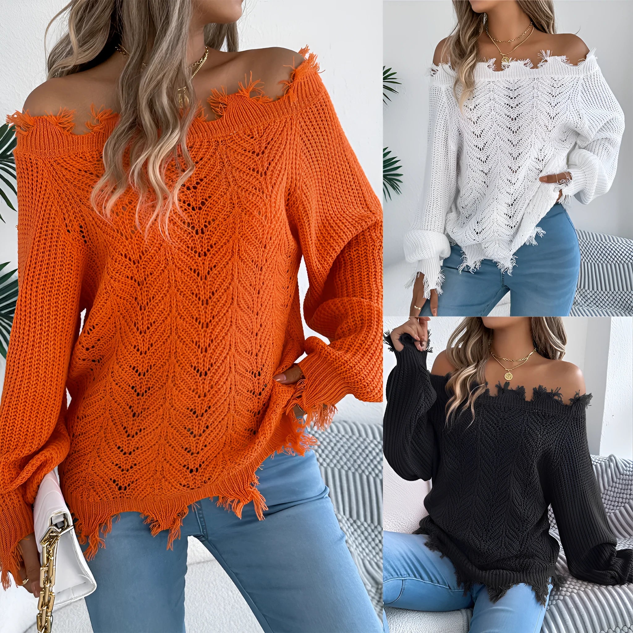 Women's white hollow-out cut off shoulder pullover sweater with long sleeves