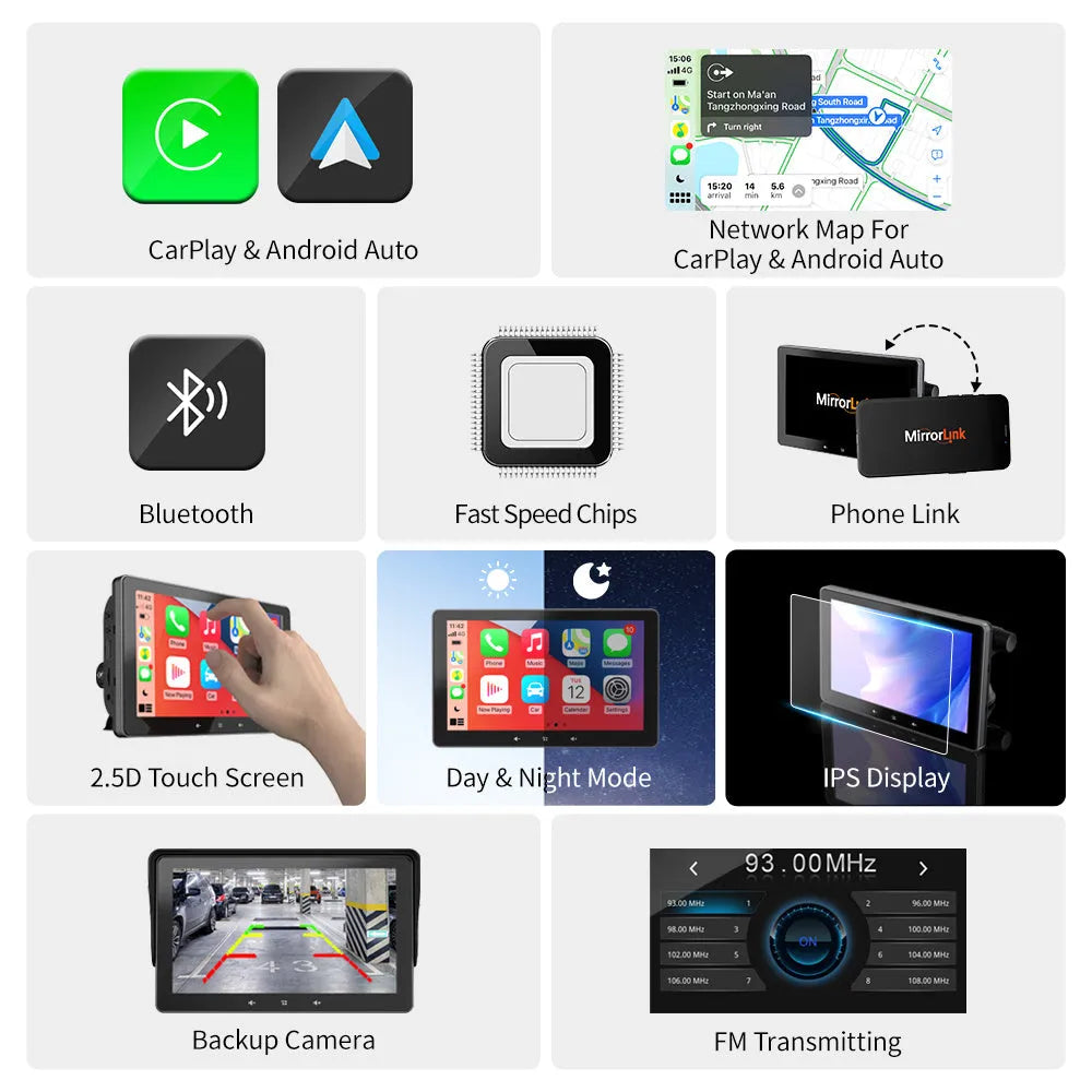 7-inch car wireless CarPlay display with suction cup mount and cigarette lighter power cable