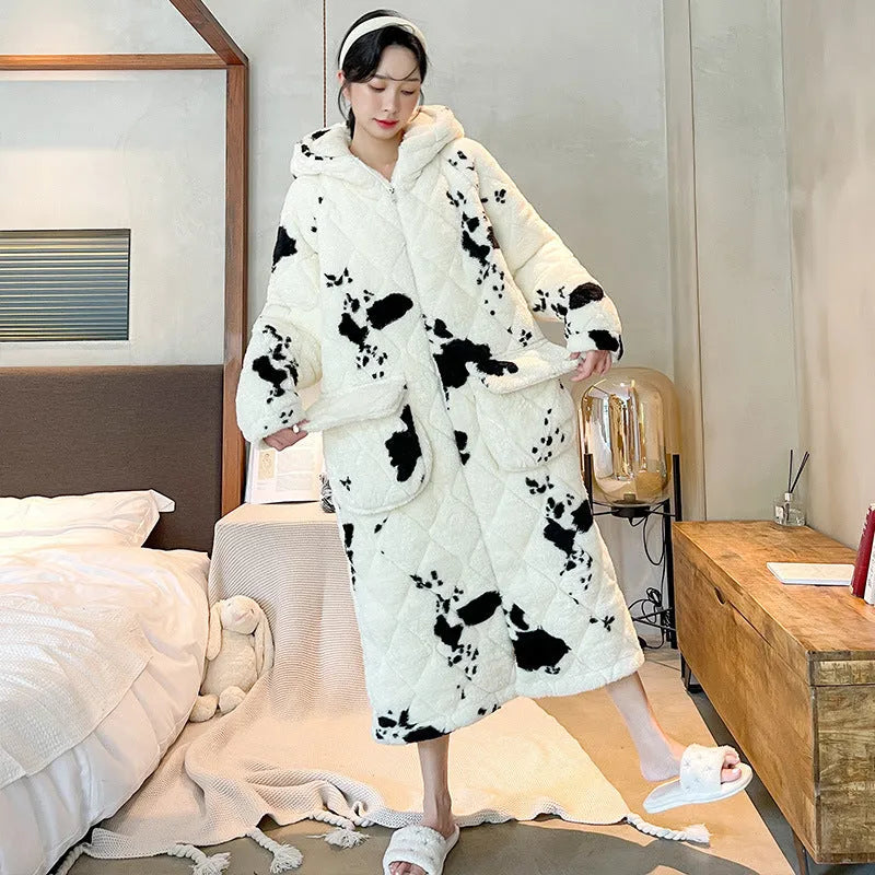 Men's winter quilted cow print coral fleece nightgown, thick warm bathrobe homewear