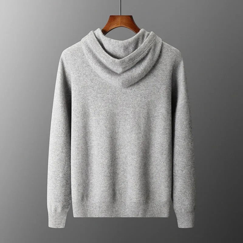 Men's light gray cashmere hooded knitted sweatshirt and matching long pants set for winter leisure wear