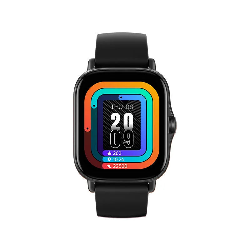 GT20 black smartwatch with alloy case and silicone strap showing heart rate display on screen.