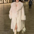 Grey women's mid-length faux fur coat with a thick collar on a hanger.
