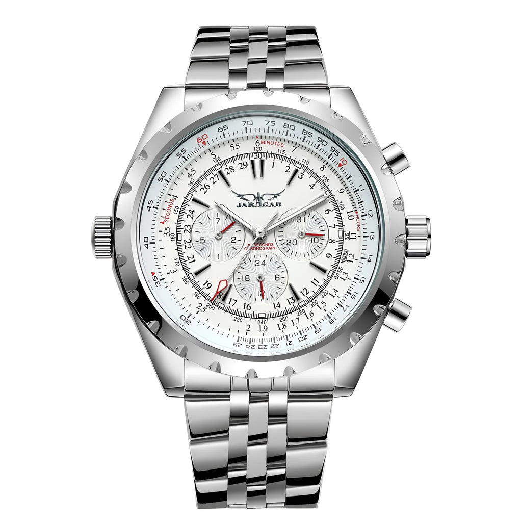 Men's double calendar automatic mechanical watch with 48mm steel round case and alloy strap, sports style pointer display.